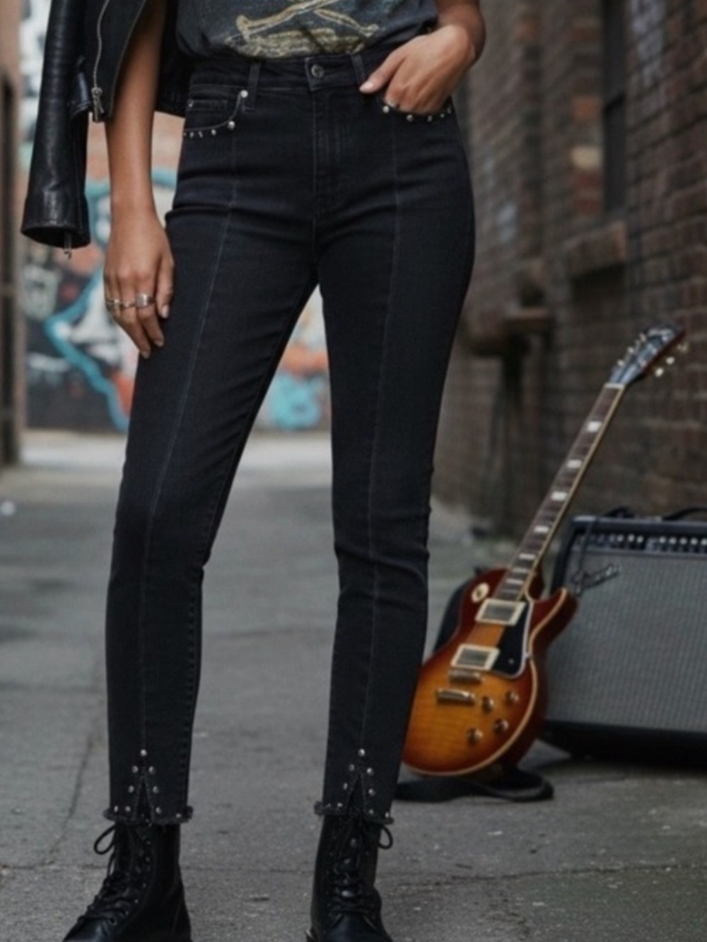 PAIGE Hoxton Ankle Peg Studded Skinny Jeans Women's 27 Black Premium Denim‎